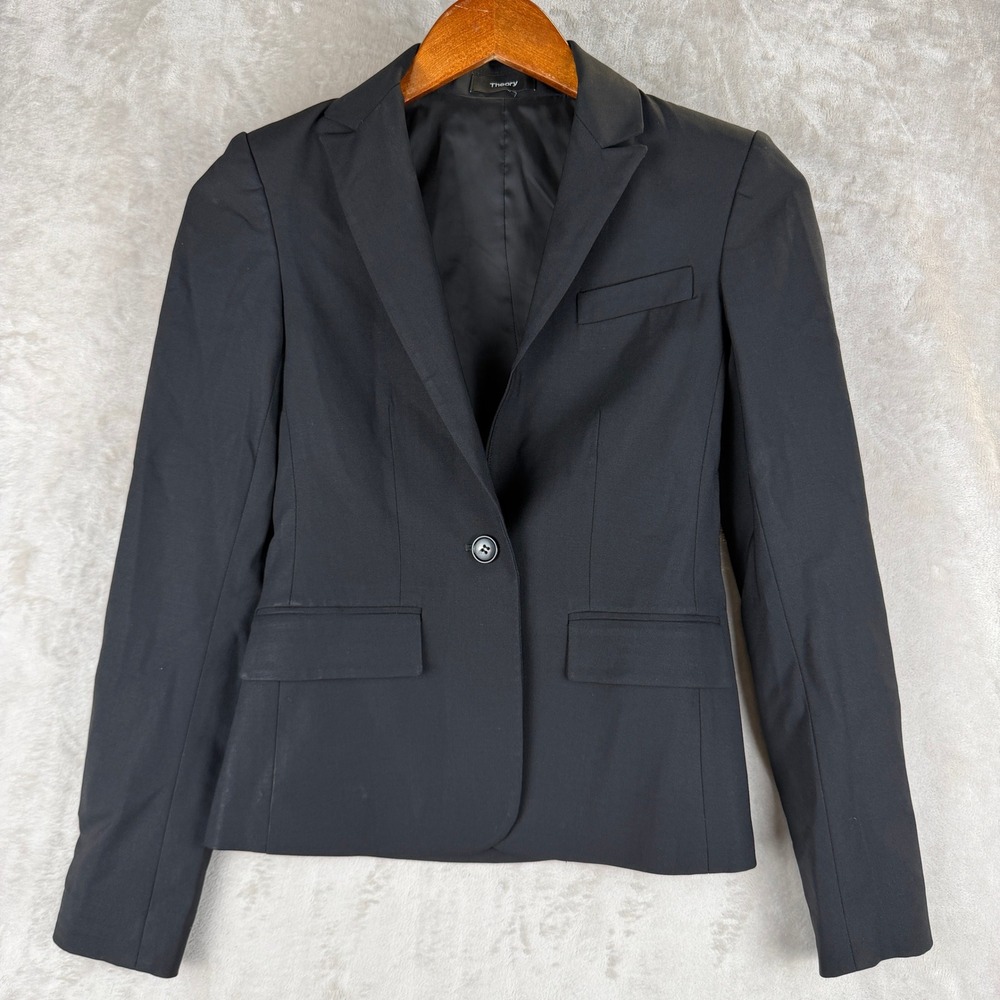 Theory Black Tailored Single Button Blazer Notched Lapel Professional Jacket